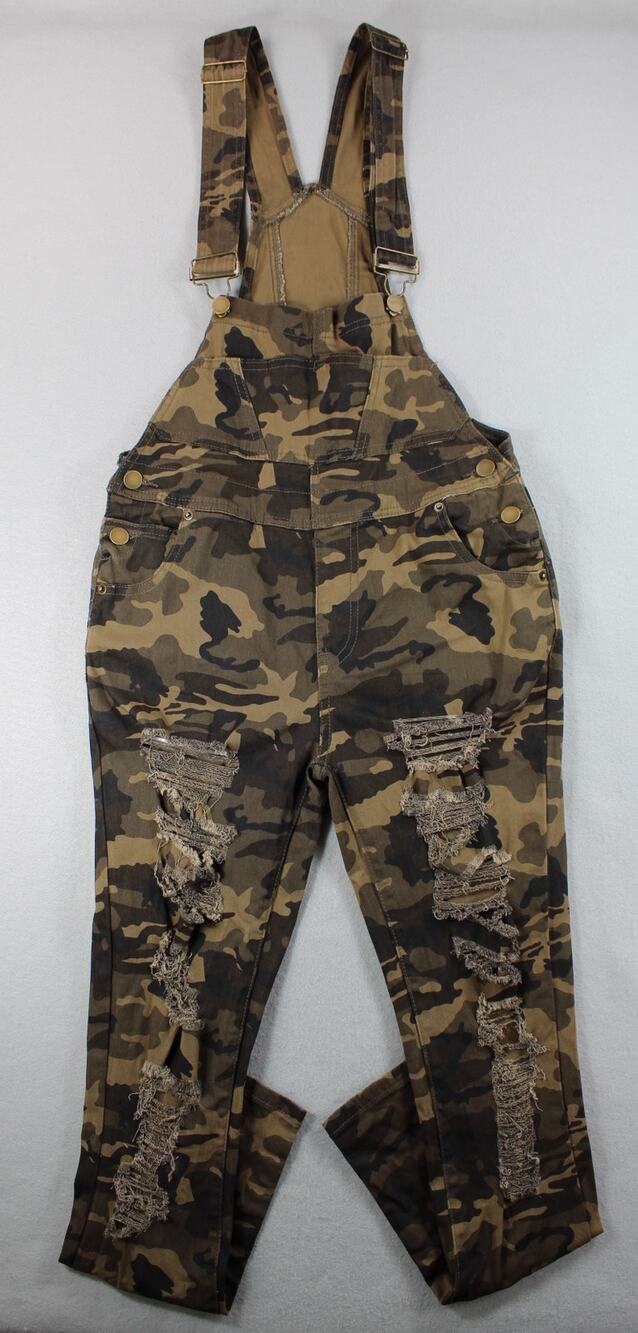 Twiin Sisters Distressed Denim Overalls Women's Small Green Camo Stretch